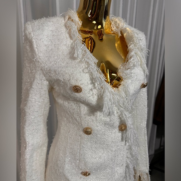 White Tweed Mini Dress Gold Buttons Sz 0 - Picture 6 of 8